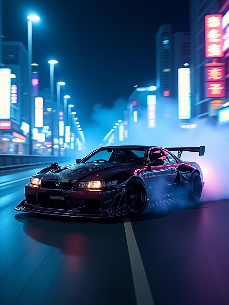 夜の横浜の街をドリフトするカスタムカー